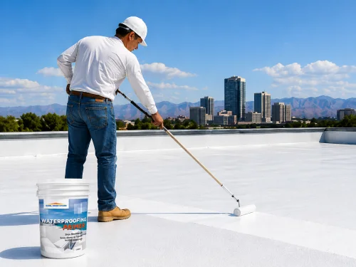 Worker applying white roof coating